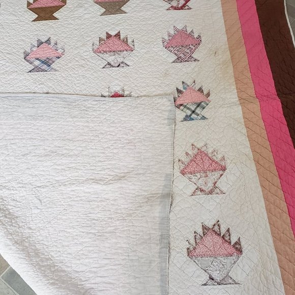 Antique 1860 -1880 Cake Stand Basket Quilt Hand Stitched Hand Piece Cotton 76x61 - Picture 10 of 12